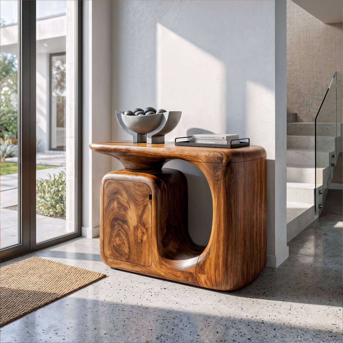 Modern Sculptural Console Table With Rounded Storage Cabinet For Entryway SINLKICS703