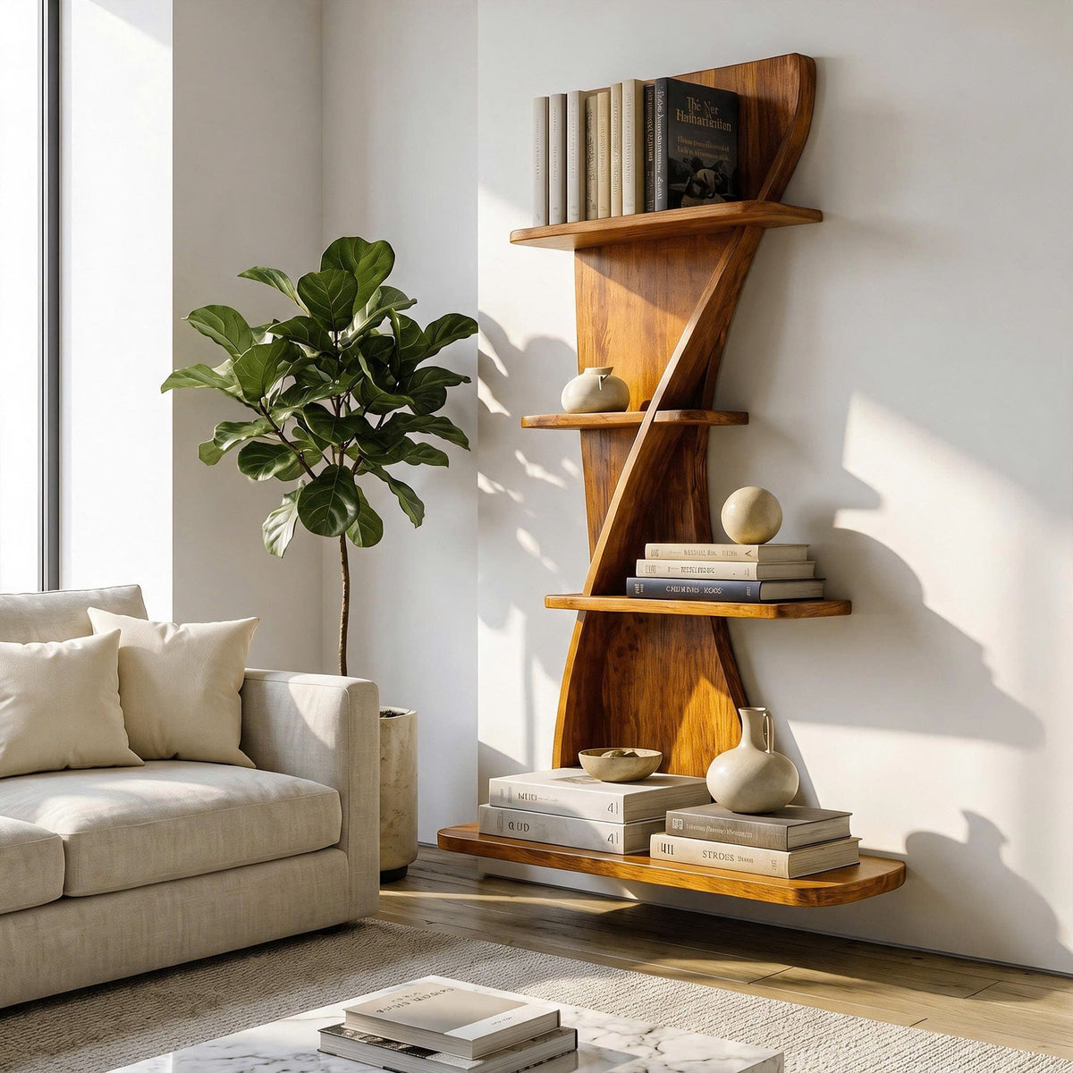 Sculptural Bookshelf Handcrafted Curved Wood Shelves For Home Office SINLKIBS052