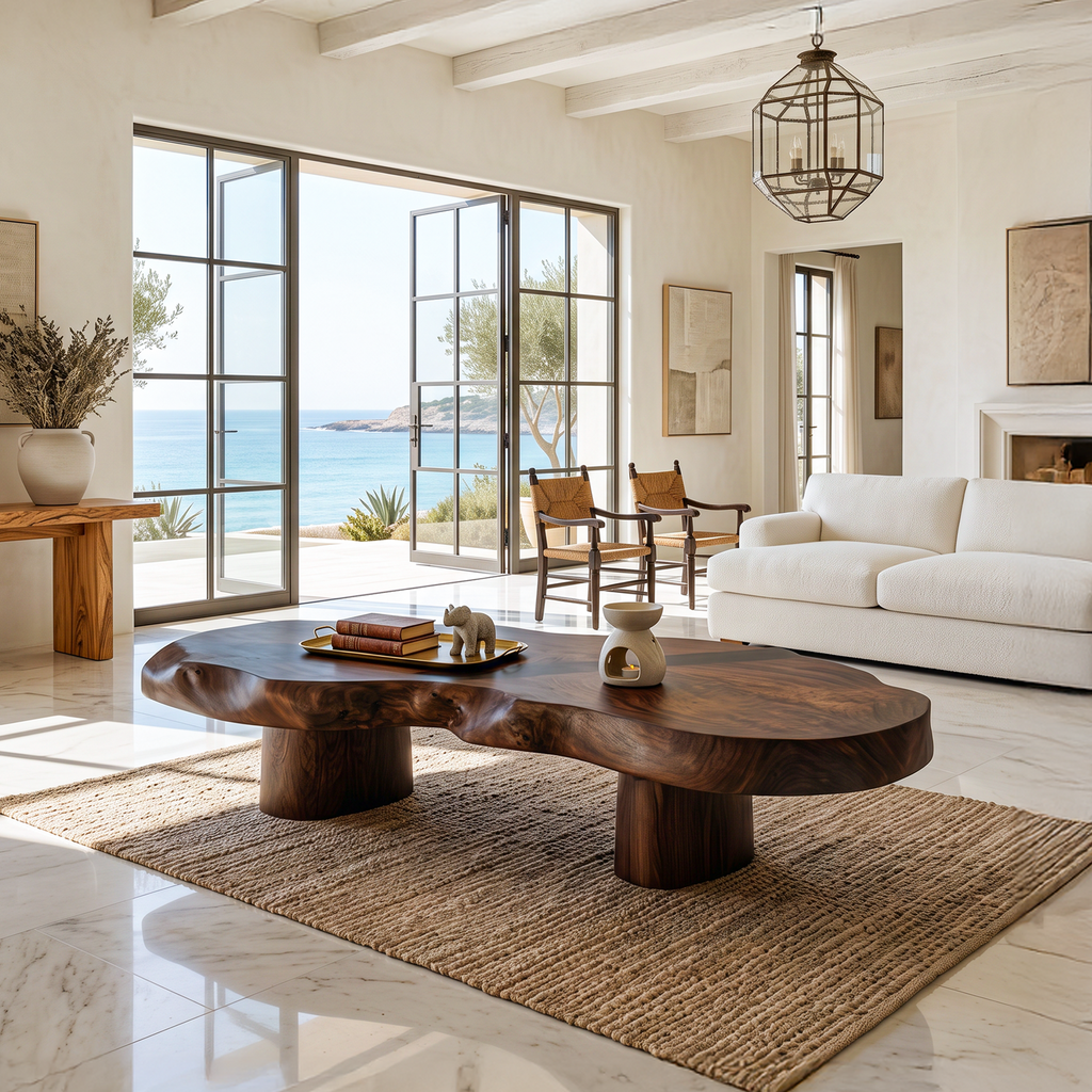 Modern Solid Wood Coffee Table With Sculptural Slab Top For Living Room SINLHACF421