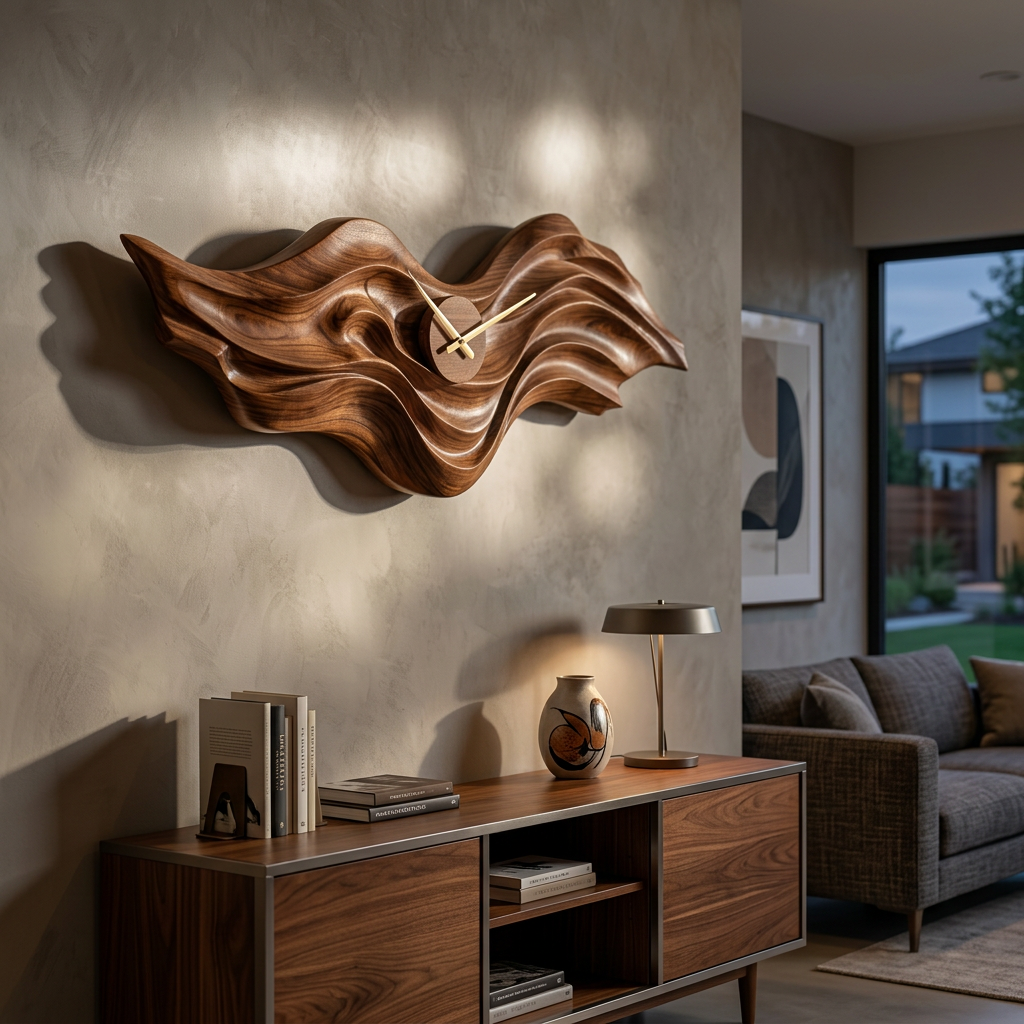 Organic Wood Wall Clock With Wave Sculpture For Living Interior RTTHTTWAC018