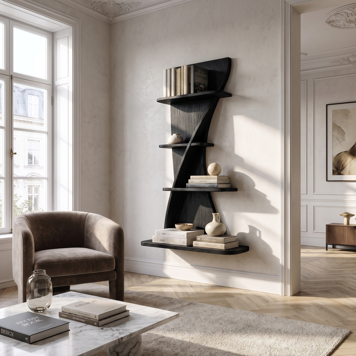 Sculptural Bookshelf Handcrafted Curved Wood Shelves For Home Office SINLKIBS052