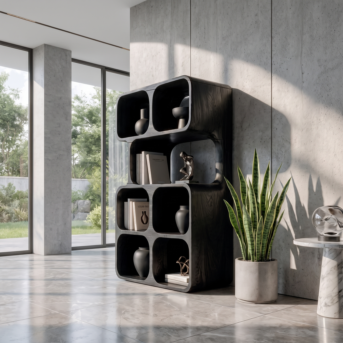 Statement Leaning Bookshelf Handcrafted Organic Wood Design For Modern Home SINLKIBS065