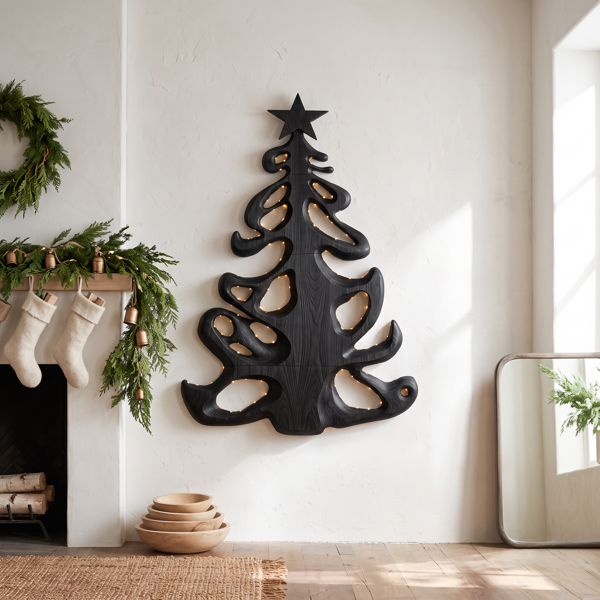 Organic Xmas Wooden Holiday Decor With Fluid Tree Silhouette For Entryway SINLSAWA152