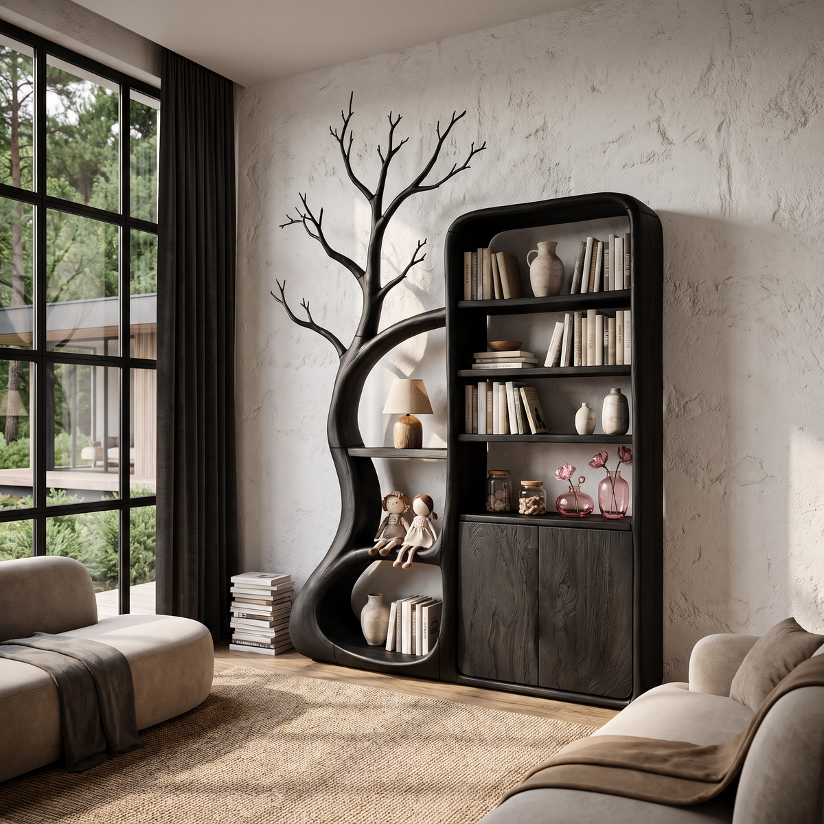 Rustic Tree Cabinet With Branch Inspired Shelving For Reading Room SINLHASD541