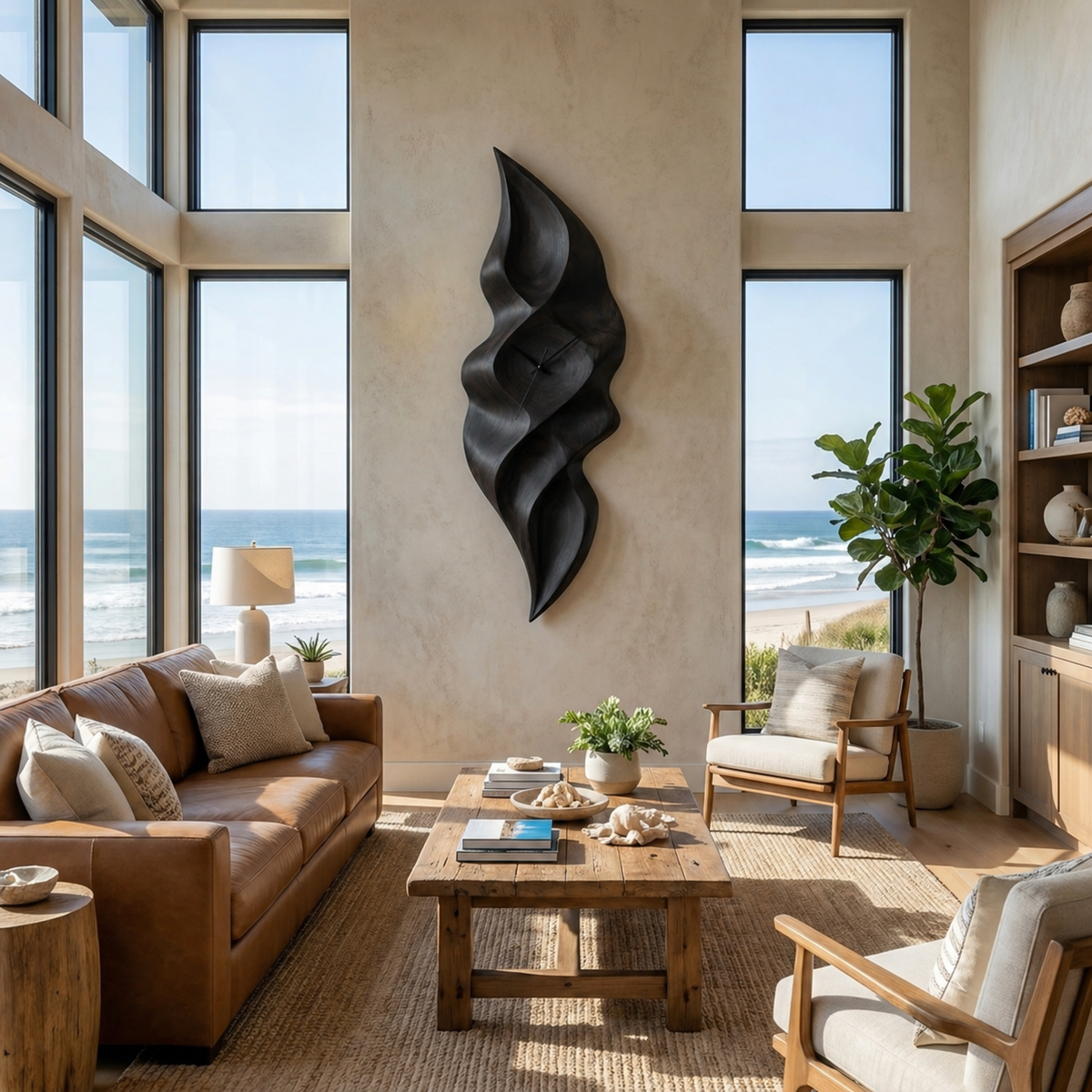 Contemporary Wood Wall Clock With Wave Sculpture For Minimalist Bedroom RTTHTTWAC013
