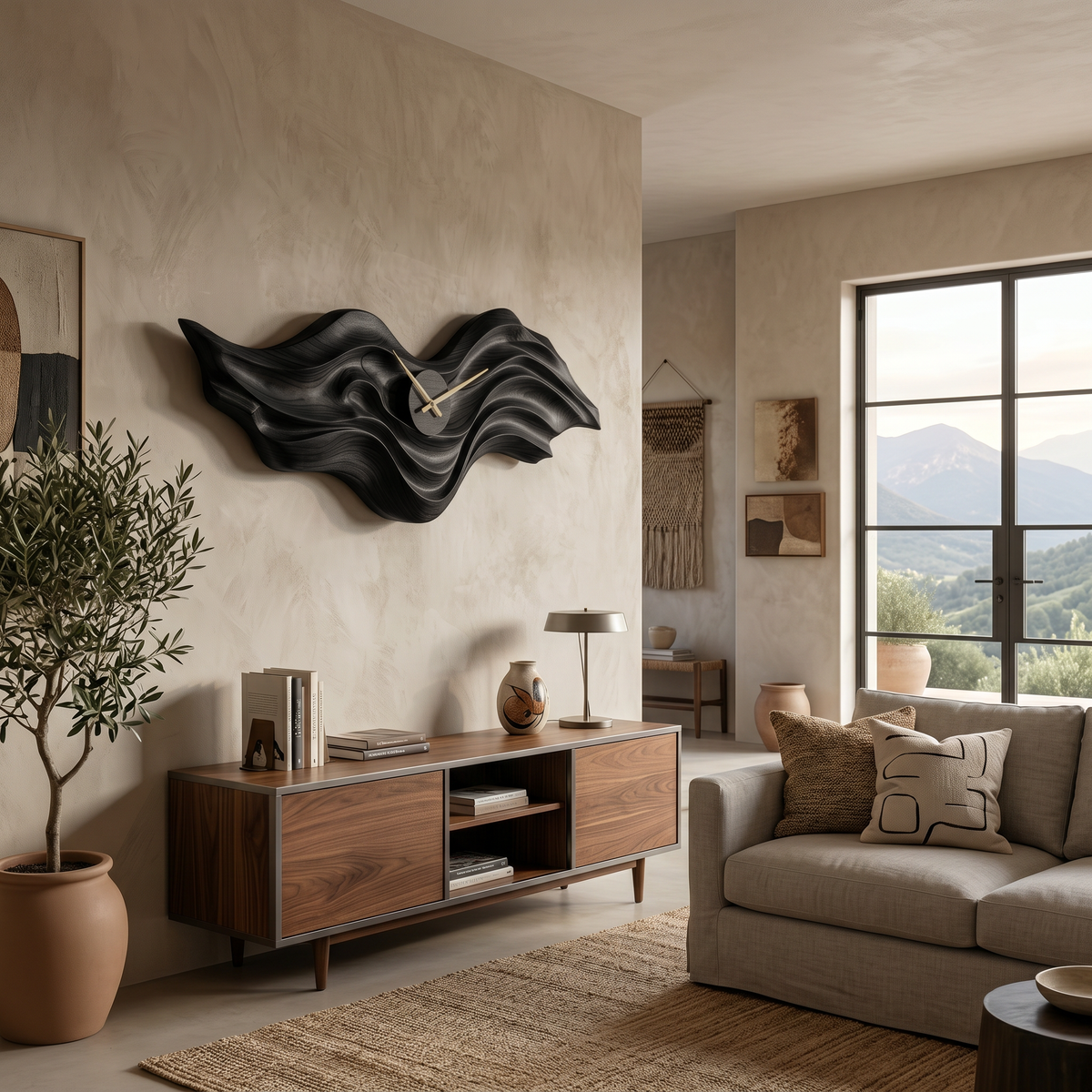 Organic Wood Wall Clock With Wave Sculpture For Living Interior RTTHTTWAC018