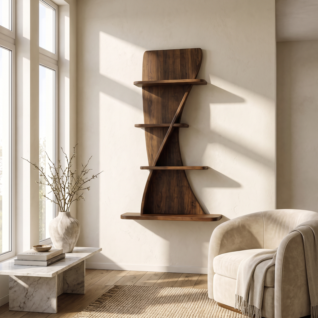 Sculptural Bookshelf Handcrafted Curved Wood Shelves For Home Office SINLKIBS052
