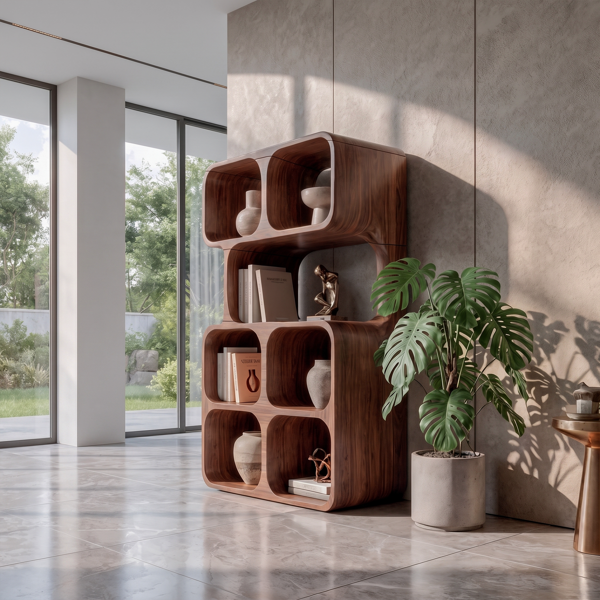 Statement Leaning Bookshelf Handcrafted Organic Wood Design For Modern Home SINLKIBS065