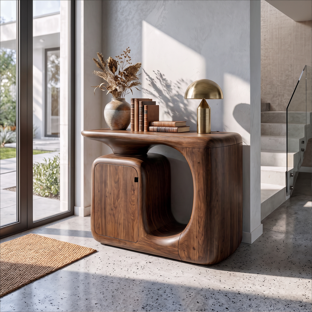 Modern Sculptural Console Table With Rounded Storage Cabinet For Entryway SINLKICS703