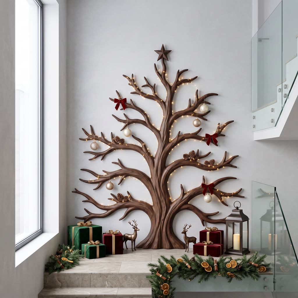 Rustic Christmas Wooden Wall Sculpture With Bare Branch Tree Design For Living Room SINLSAWA139