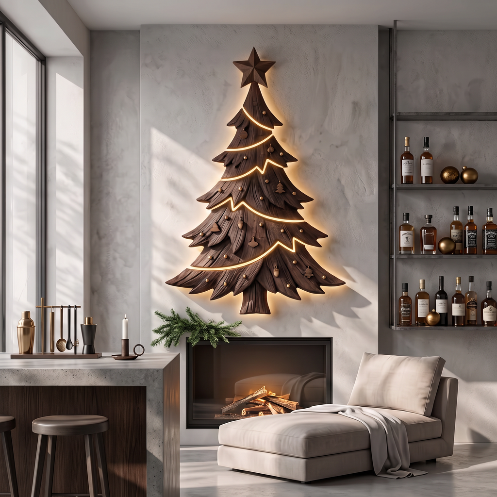 Contemporary Xmas Wall Sculpture With Evergreen Silhouette For Living Room SINLSAWA145