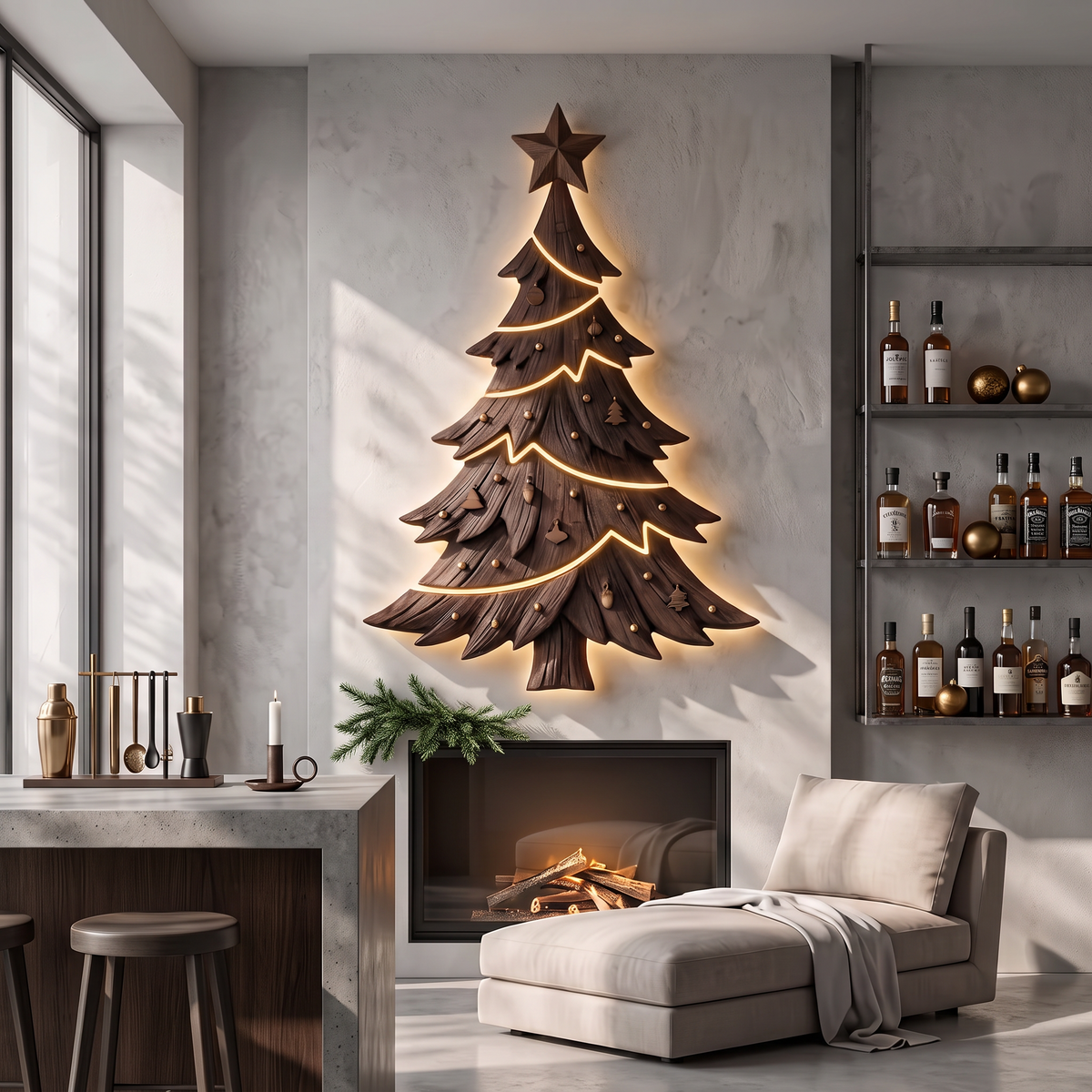 Contemporary Xmas Wall Sculpture With Evergreen Silhouette For Living Room SINLSAWA145