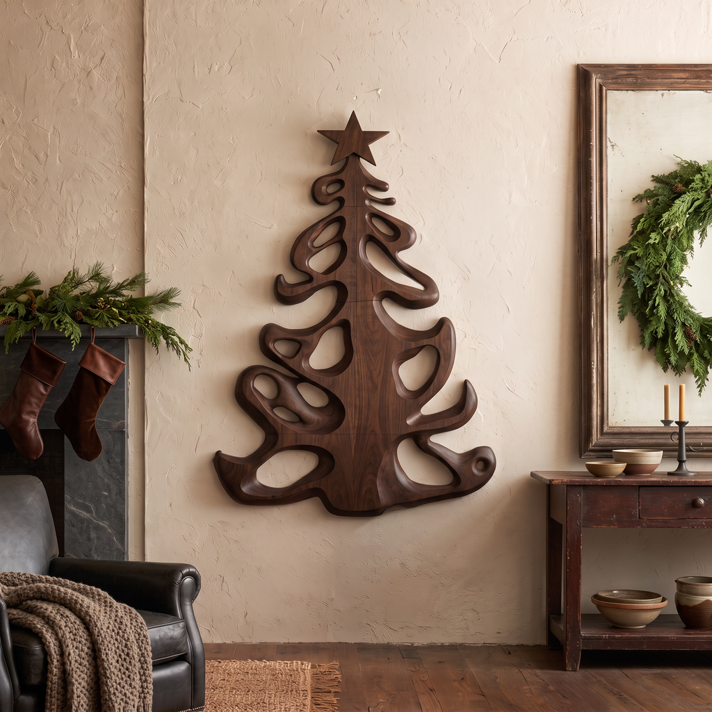 Organic Xmas Wooden Holiday Decor With Fluid Tree Silhouette For Entryway SINLSAWA152