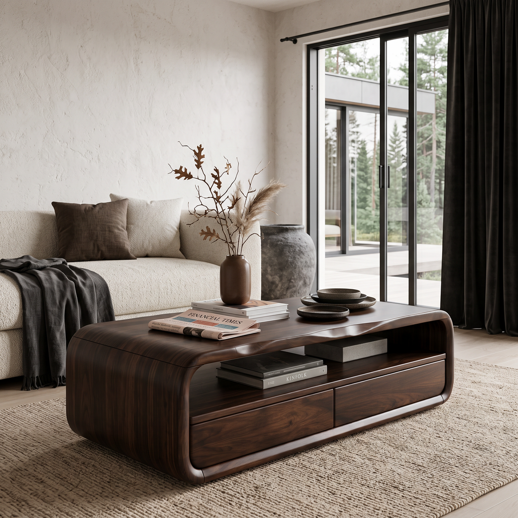 Mid Century Coffee Table With Rounded Frame Storage For Living Room SINLHACF423