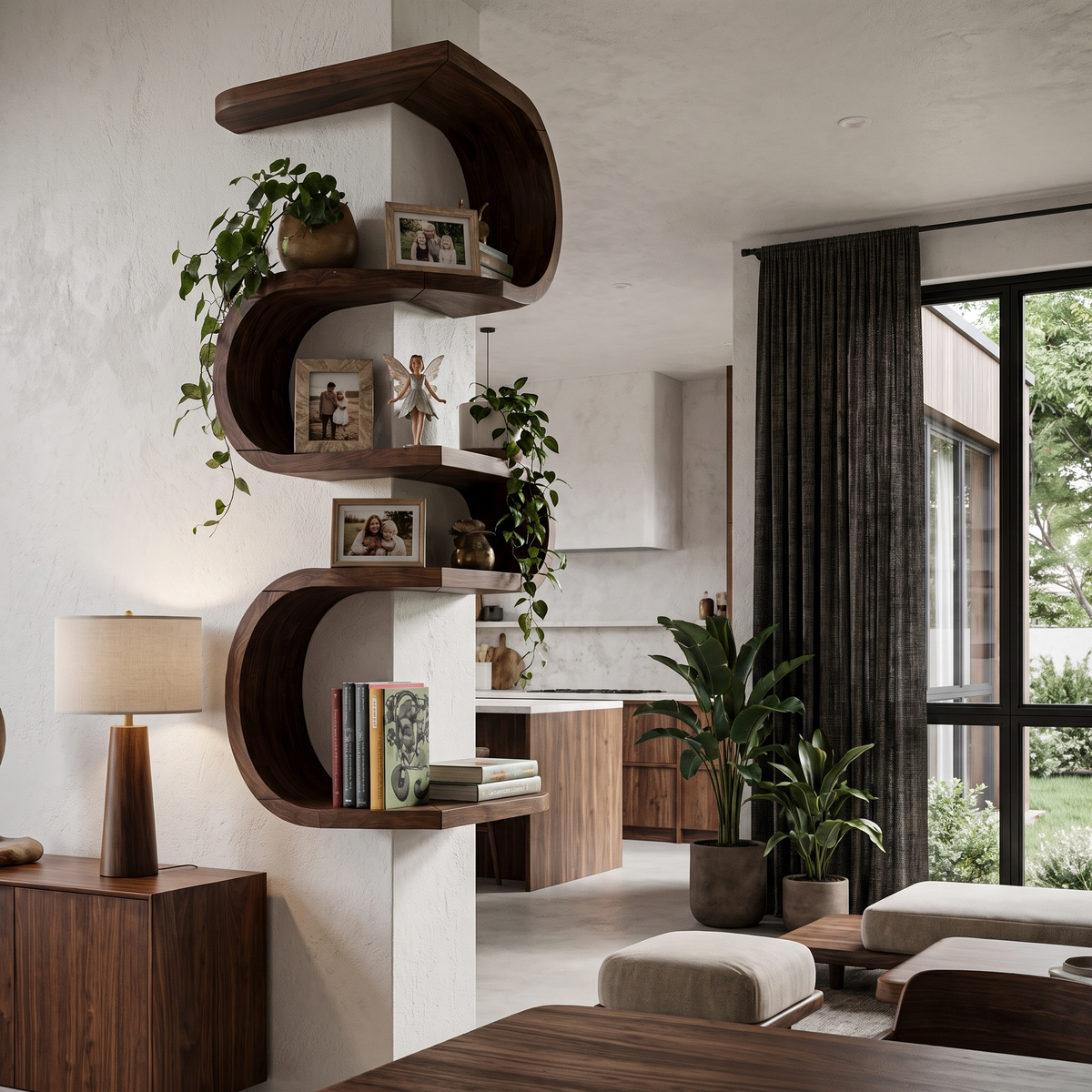 Sculptural Corner Wall Bookshelf Handcrafted Curved Design For Living Room SINLHABS067