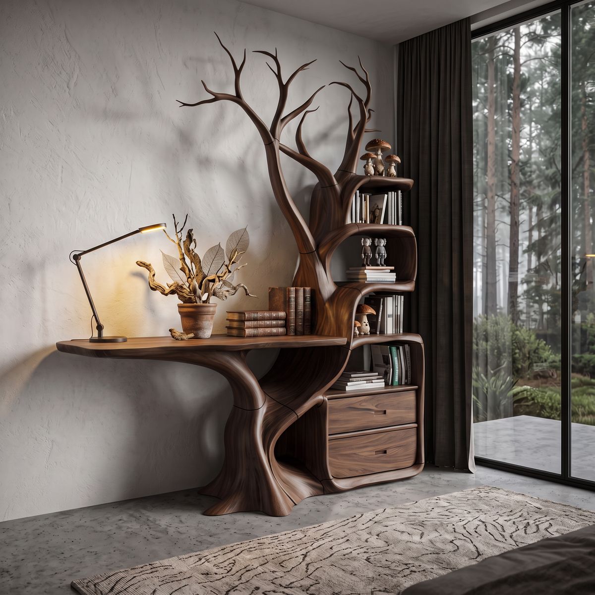 Natural Wall Mounted Tree Bookcase With Built In Drawers For Reading Nook SINLHATB775