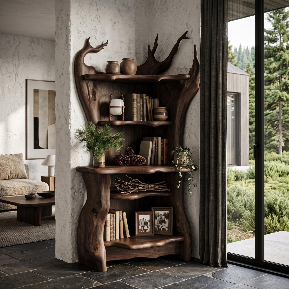 Rustic Corner Bookcase With Live Edge Shelves For Reading Nook SINLHABS073