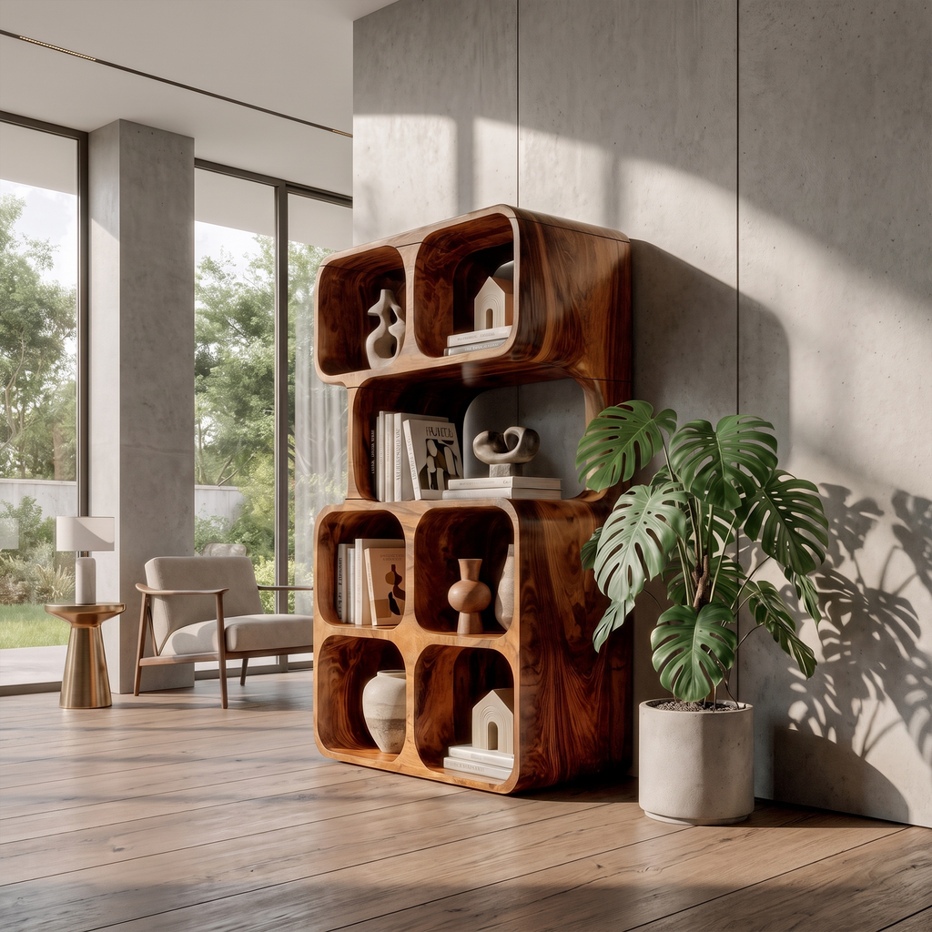 Statement Leaning Bookshelf Handcrafted Organic Wood Design For Modern Home SINLKIBS065
