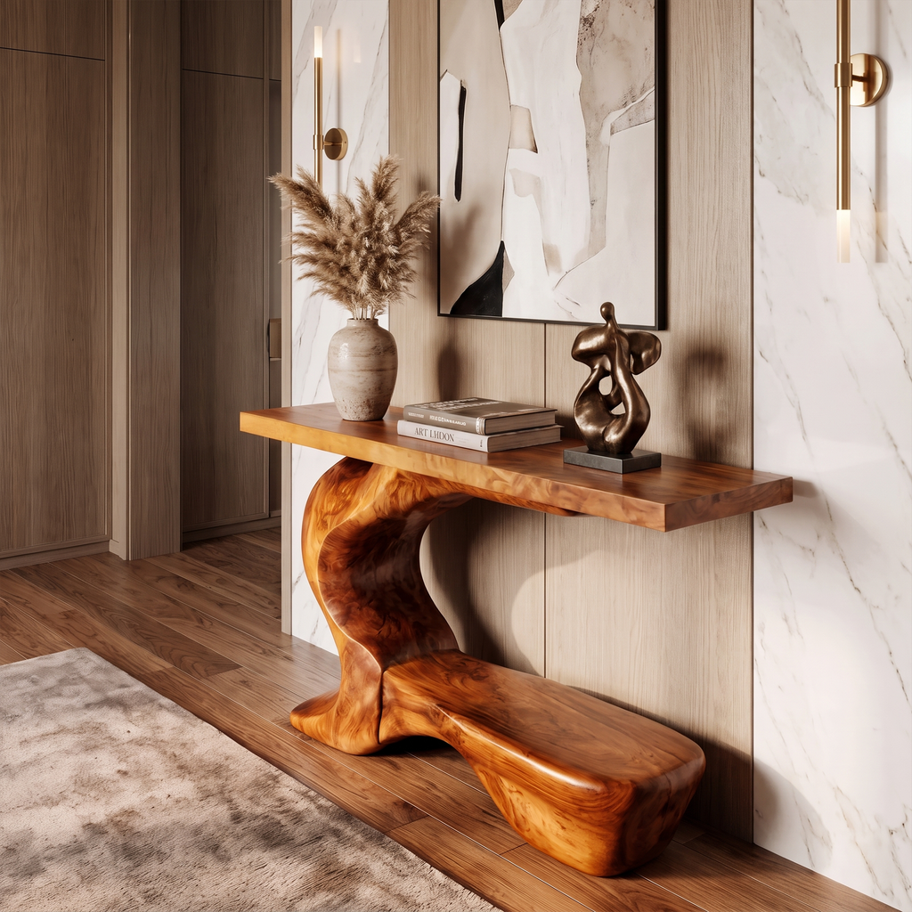 Rustic Sculptural Console Table With Curved Base For Entryway SINLKICS705