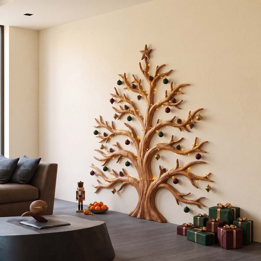 Rustic Christmas Wooden Wall Sculpture With Bare Branch Tree Design For Living Room SINLSAWA139