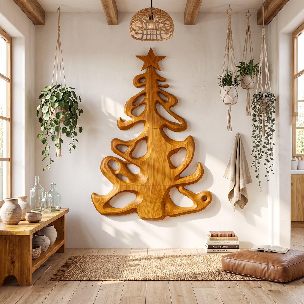 Organic Xmas Wooden Holiday Decor With Fluid Tree Silhouette For Entryway SINLSAWA152