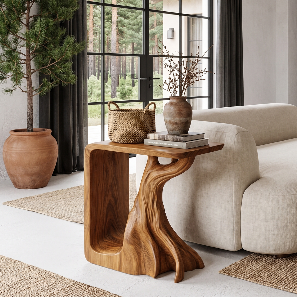 Rustic Sculptural Bedside Table With Root Inspired Base For Living Room SINLHASTA300