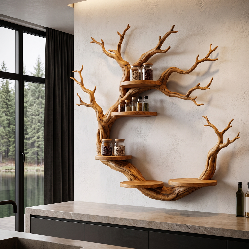 Rustic Tree Bookshelf With Sculptural Circular Branch Design For Living Room SINLHAFL066