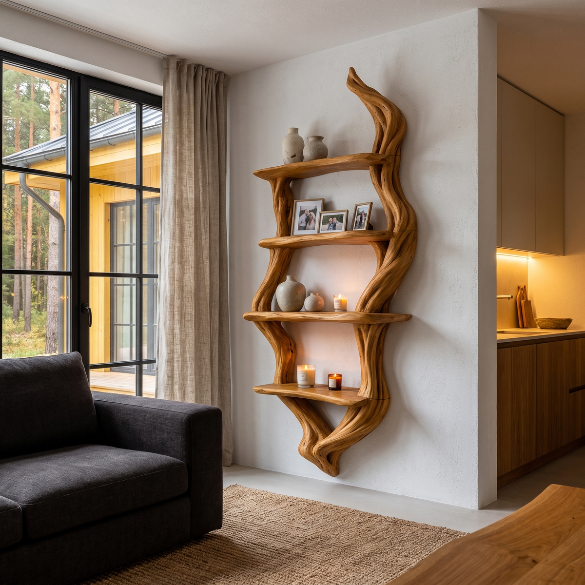 Rustic Wall Bookshelf Handcrafted Tree Branch Design For Living Room SINLHABS066