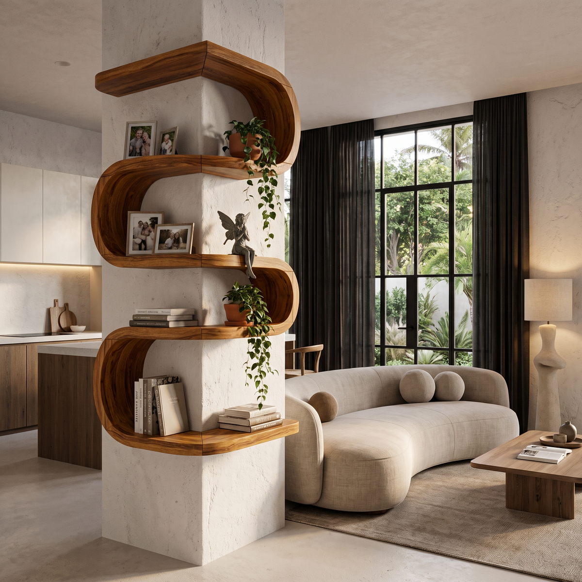 Sculptural Corner Wall Bookshelf Handcrafted Curved Design For Living Room SINLHABS067