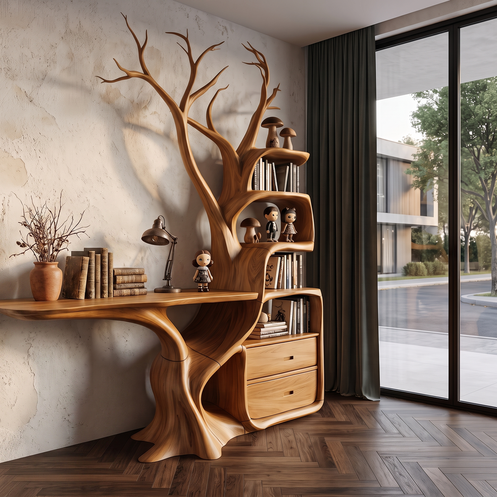 Natural Wall Mounted Tree Bookcase With Built In Drawers For Reading Nook SINLHATB775