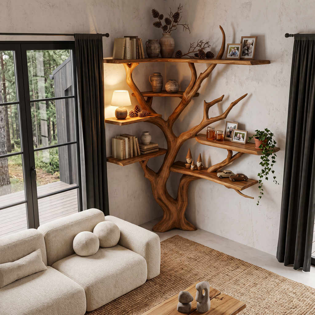 Modern Corner Tree Bookshelf With Asymmetrical Shelves For Living Room SINLHATB777