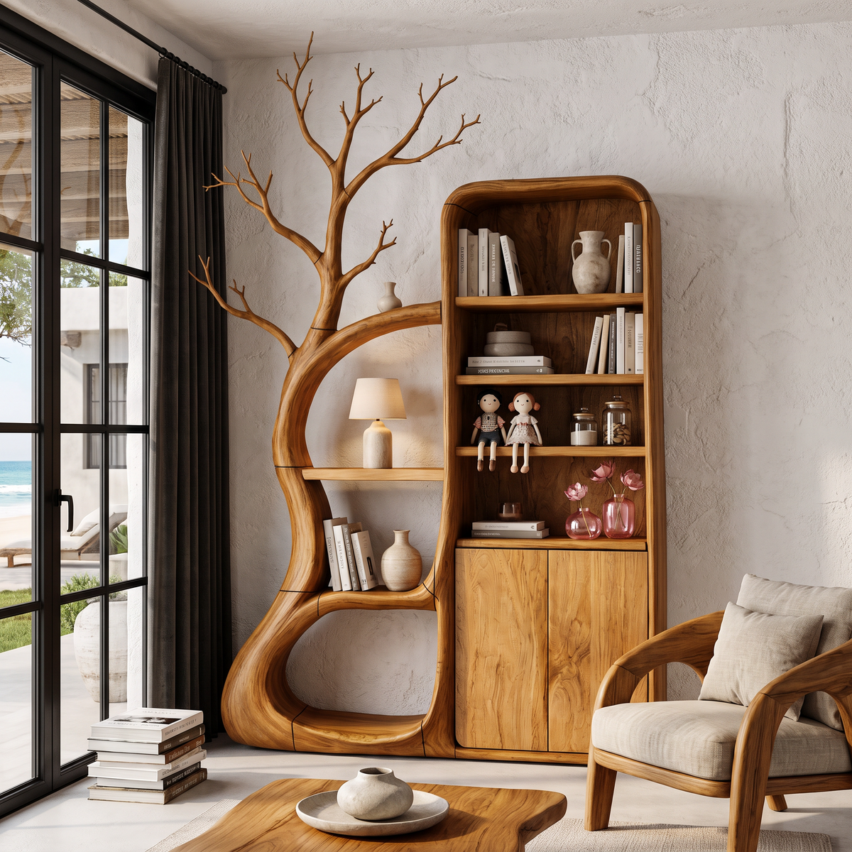 Rustic Tree Cabinet With Branch Inspired Shelving For Reading Room SINLHASD541