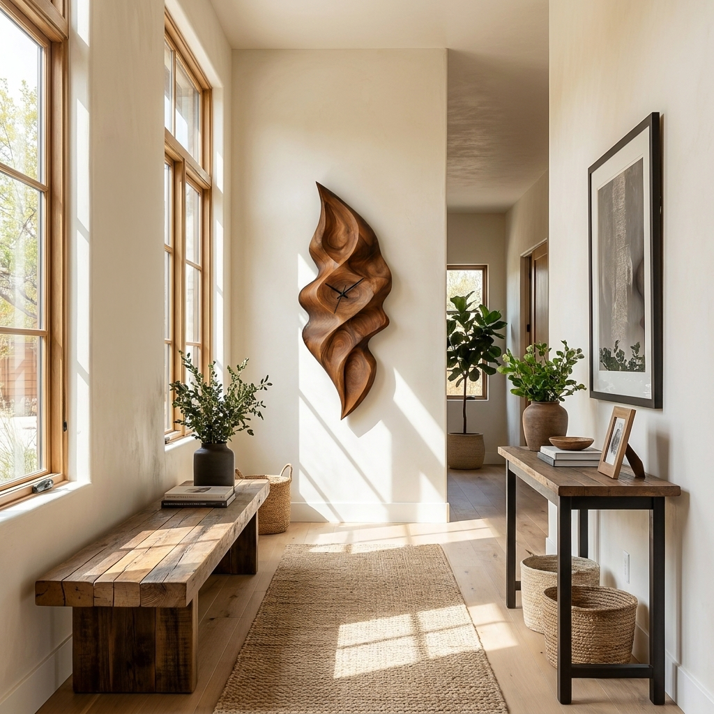 Contemporary Wood Wall Clock With Wave Sculpture For Minimalist Bedroom RTTHTTWAC013