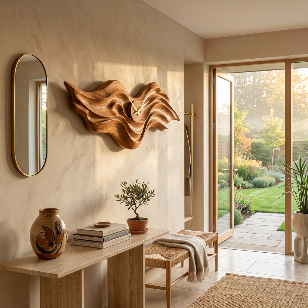 Organic Wood Wall Clock With Wave Sculpture For Living Interior RTTHTTWAC018