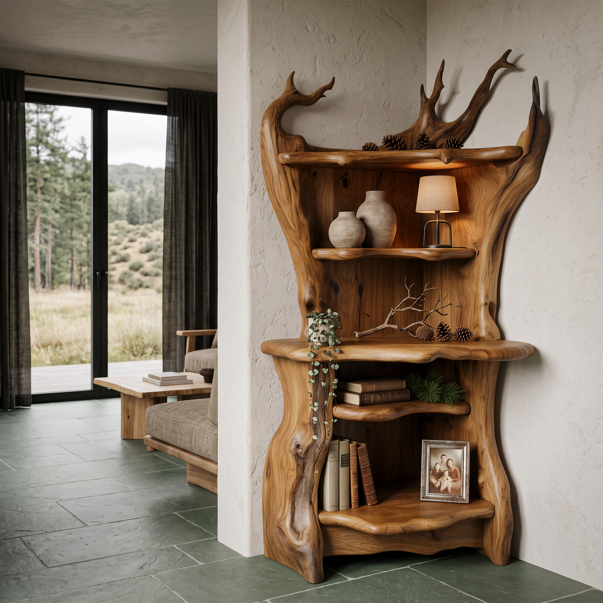 Rustic Corner Bookcase With Live Edge Shelves For Reading Nook SINLHABS073