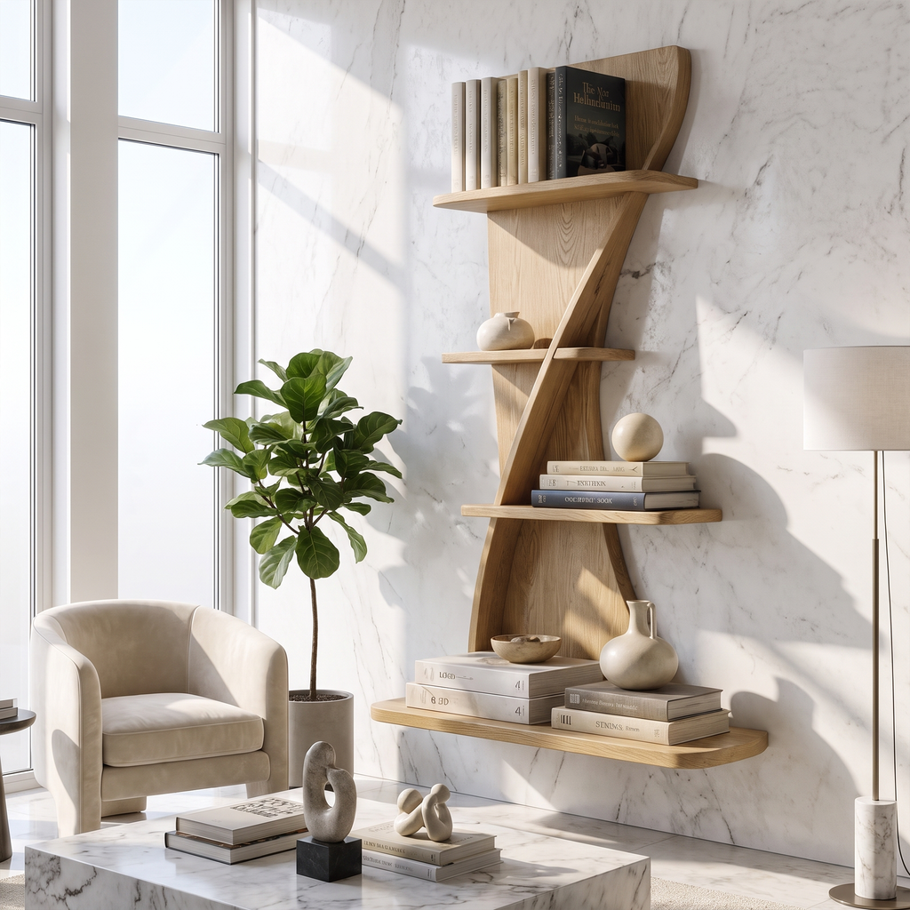 Sculptural Bookshelf Handcrafted Curved Wood Shelves For Home Office SINLKIBS052