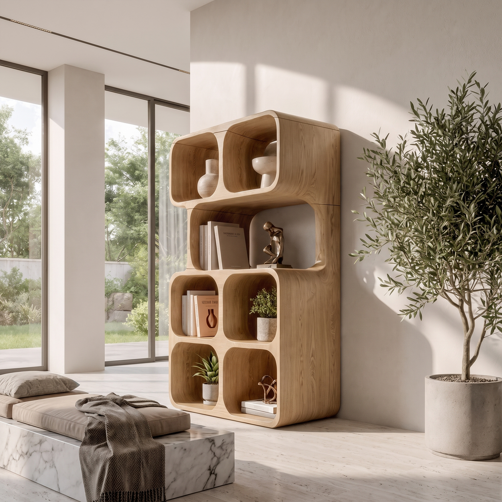 Statement Leaning Bookshelf Handcrafted Organic Wood Design For Modern Home SINLKIBS065