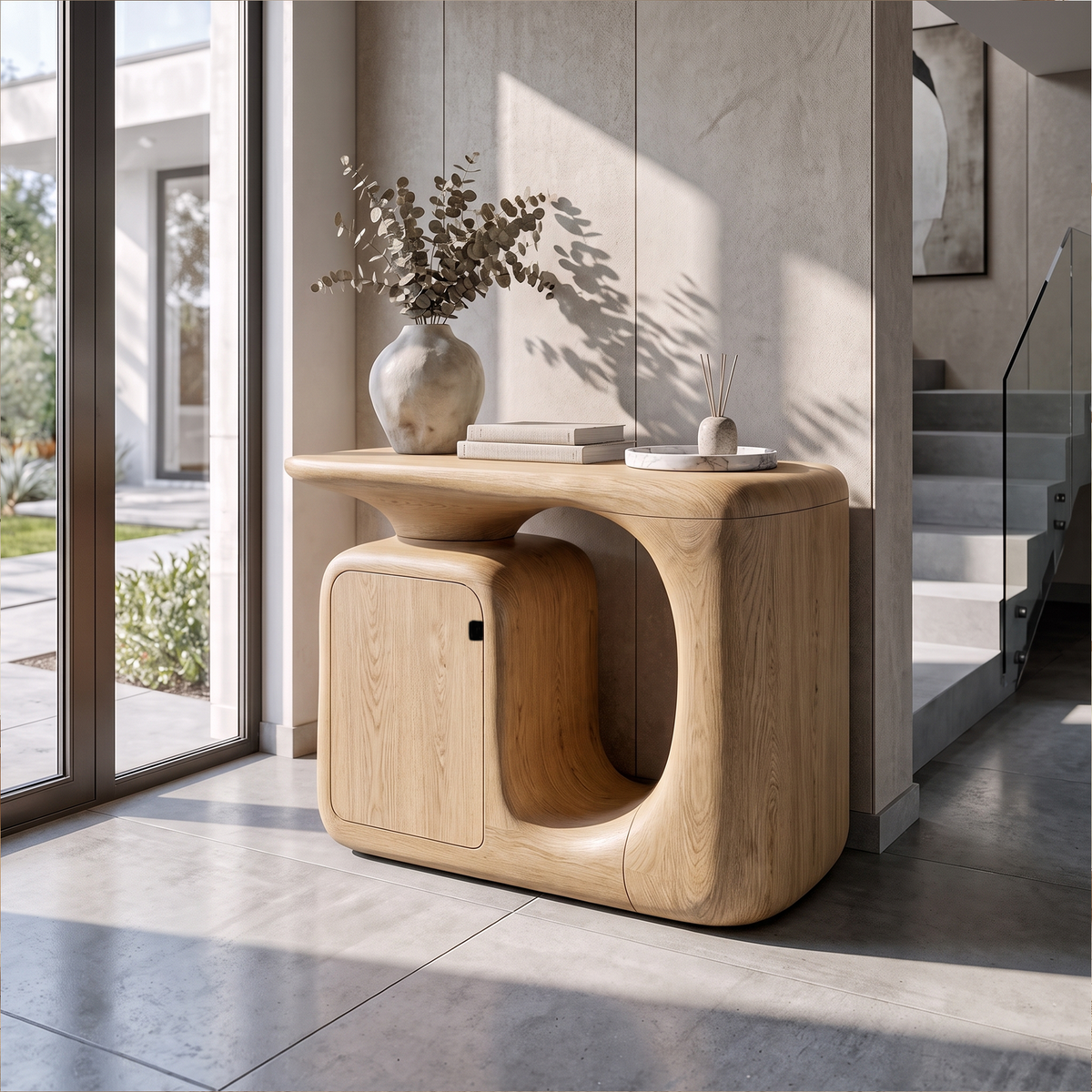 Modern Sculptural Console Table With Rounded Storage Cabinet For Entryway SINLKICS703