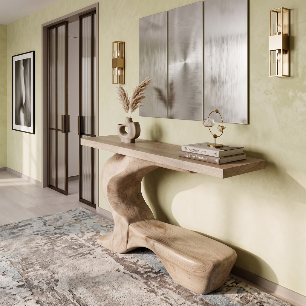 Rustic Sculptural Console Table With Curved Base For Entryway SINLKICS705