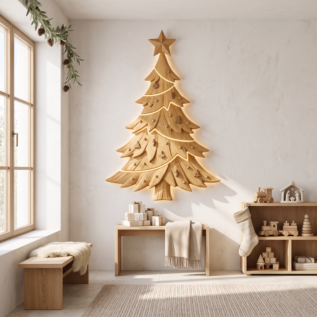 Contemporary Xmas Wall Sculpture With Evergreen Silhouette For Living Room SINLSAWA145