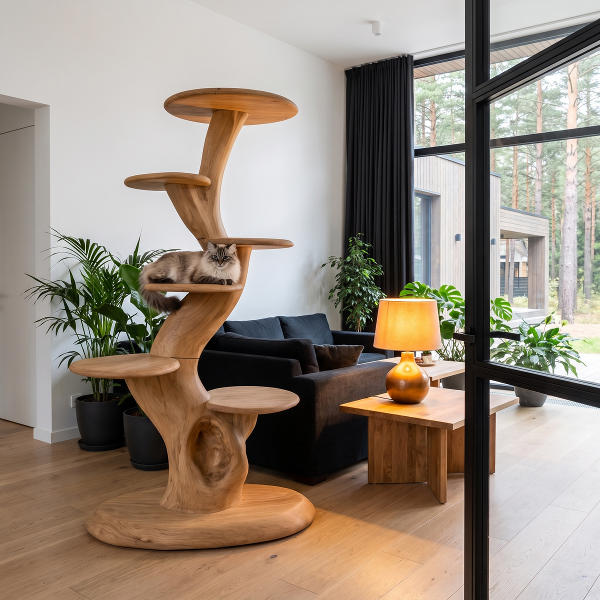 Rustic Sculptural Cat Tree With Multi Level Platforms For Living Room SINLHATT015
