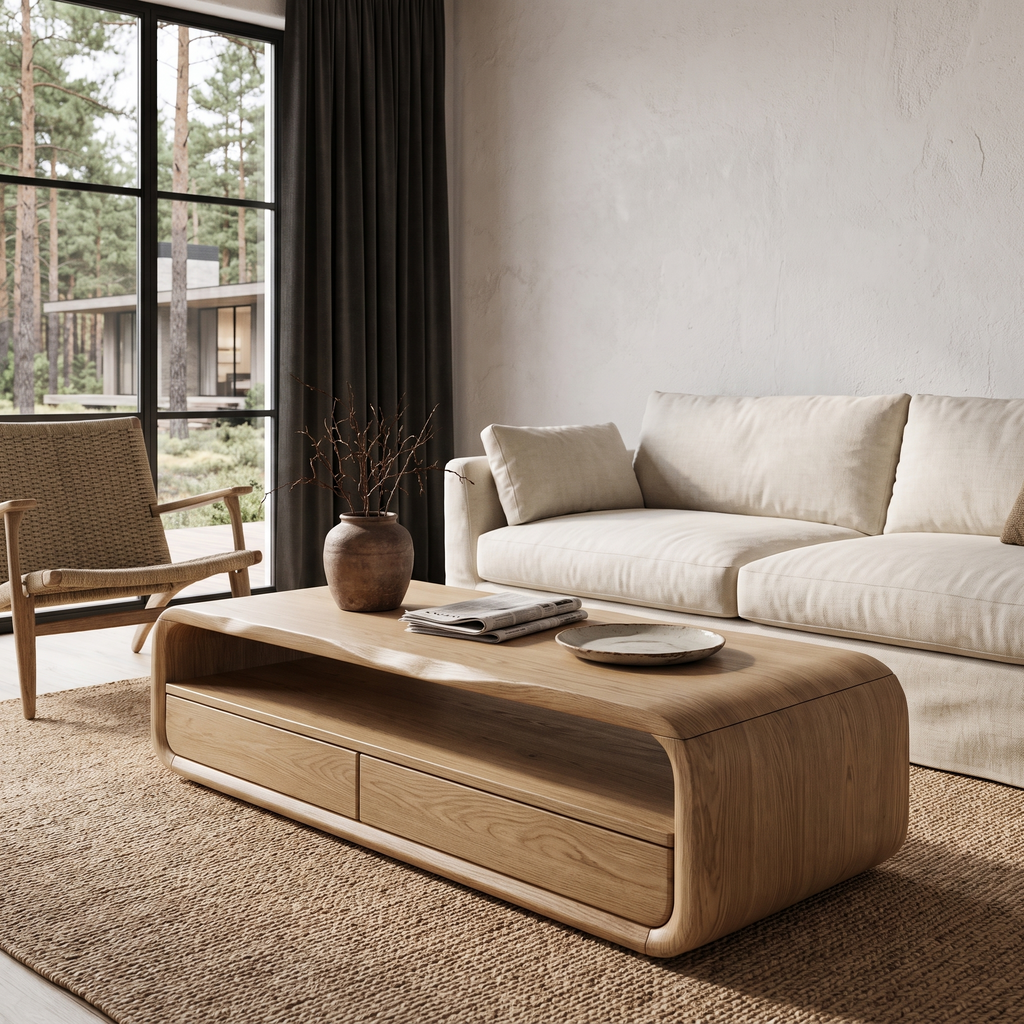Mid Century Coffee Table With Rounded Frame Storage For Living Room SINLHACF423
