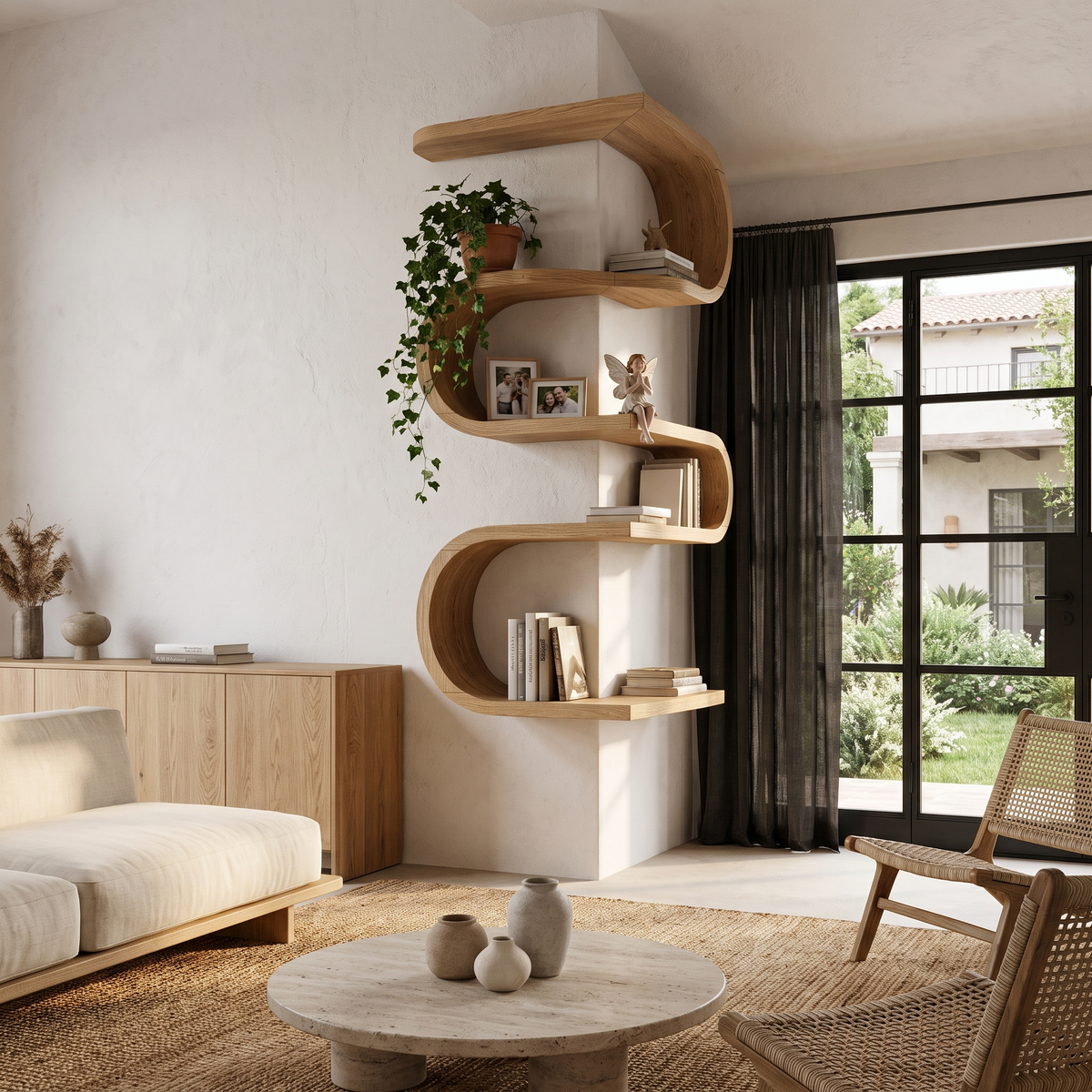 Sculptural Corner Wall Bookshelf Handcrafted Curved Design For Living Room SINLHABS067