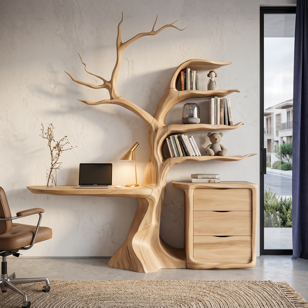 Natural Floating Desk With Sculptural Tree Bookshelf For Home Office SINLHADE172