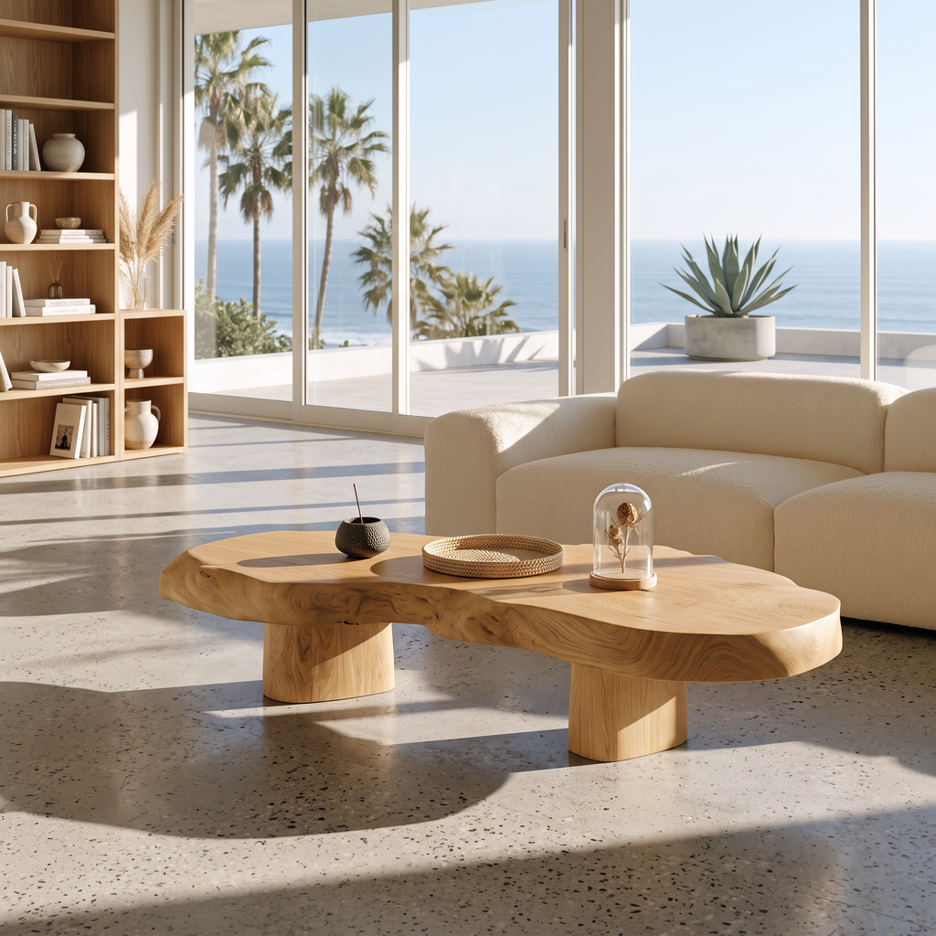 Modern Solid Wood Coffee Table With Sculptural Slab Top For Living Room SINLHACF421