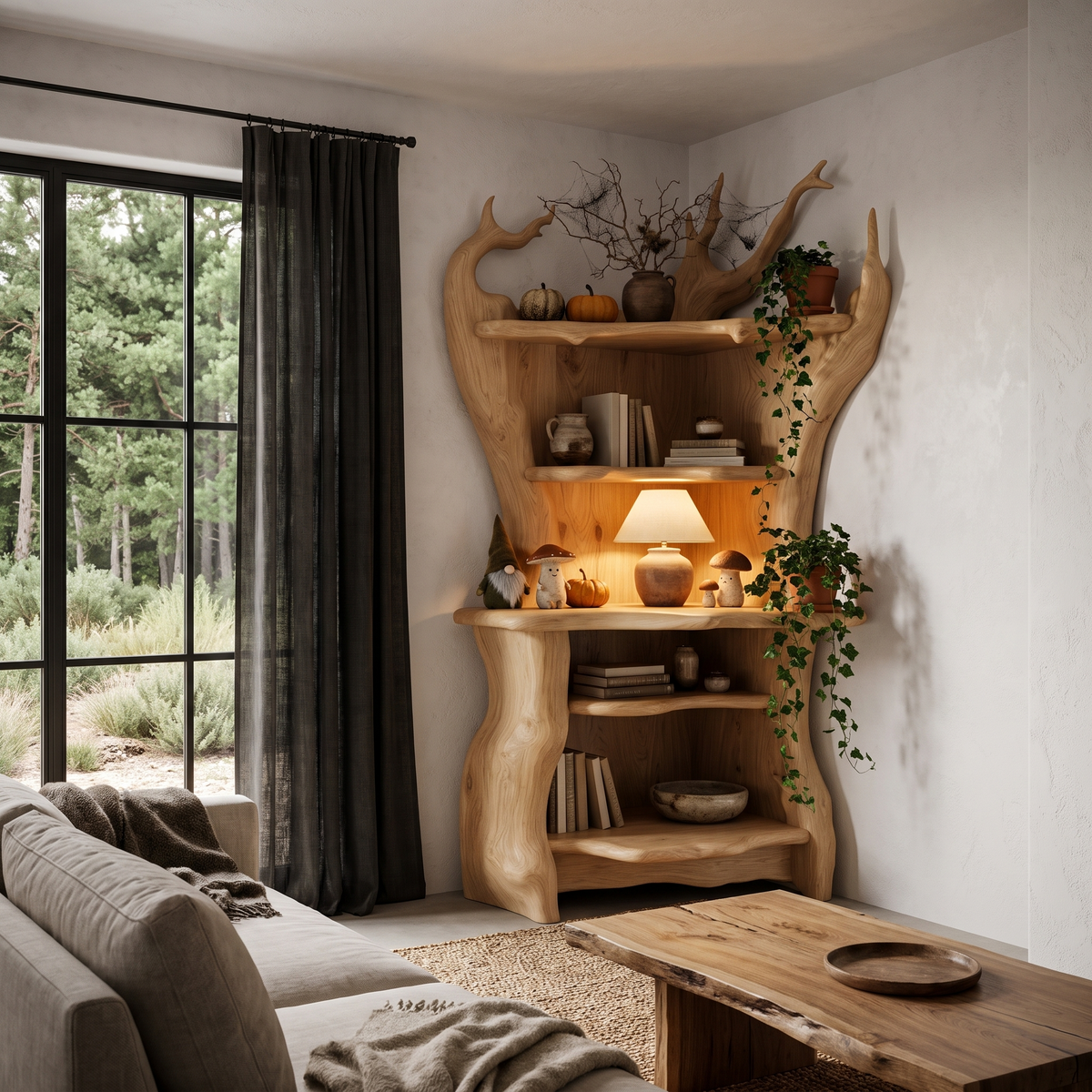 Rustic Corner Bookcase With Live Edge Shelves For Reading Nook SINLHABS073