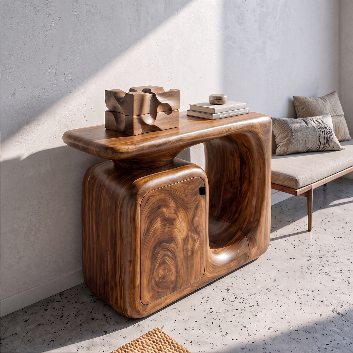 Modern Sculptural Console Table With Rounded Storage Cabinet For Entryway SINLKICS703