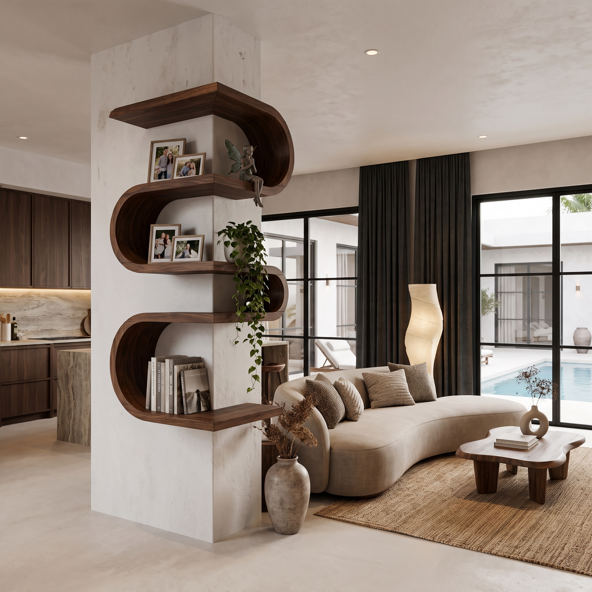 Sculptural Corner Wall Bookshelf Handcrafted Curved Design For Living Room SINLHABS067