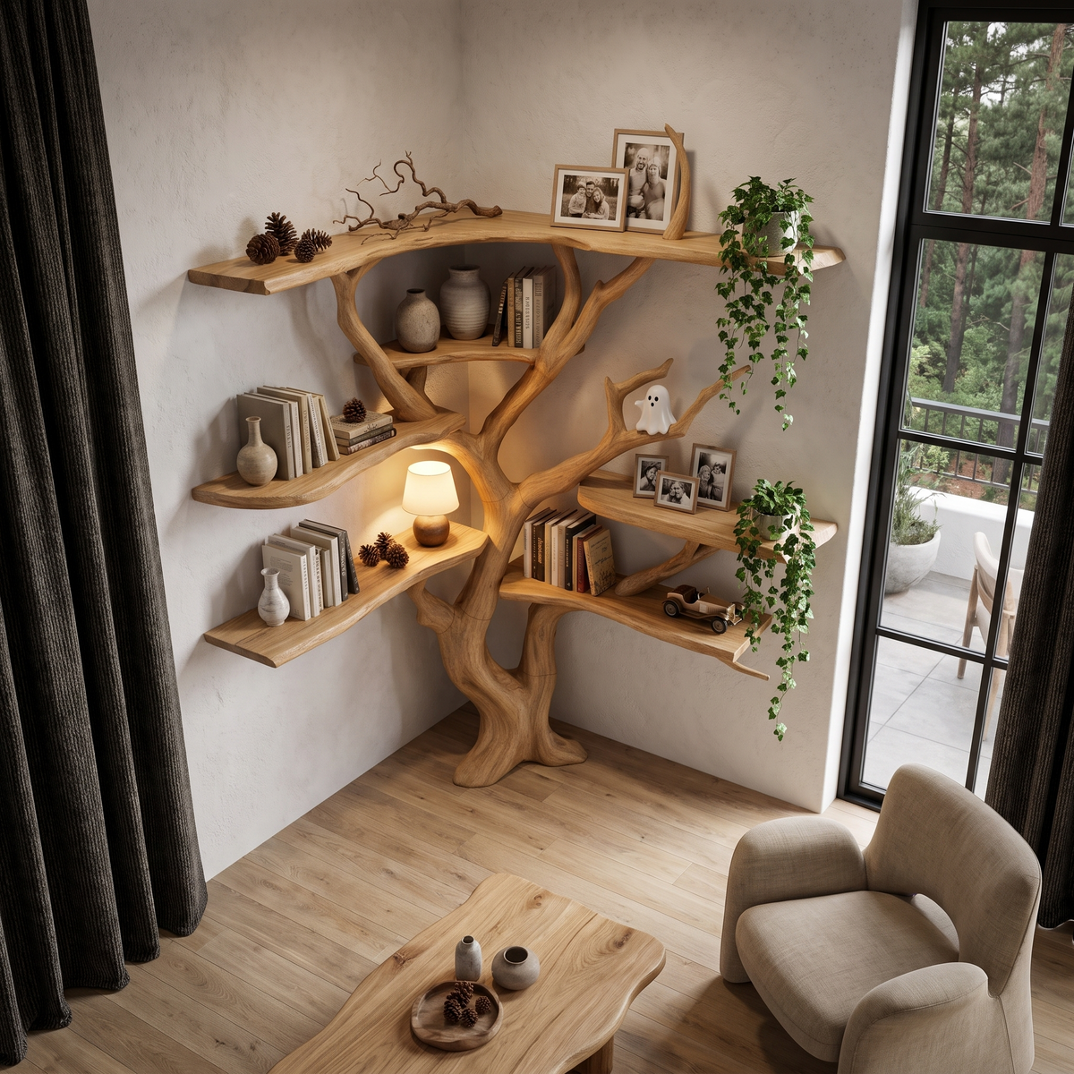 Modern Corner Tree Bookshelf With Asymmetrical Shelves For Living Room SINLHATB777