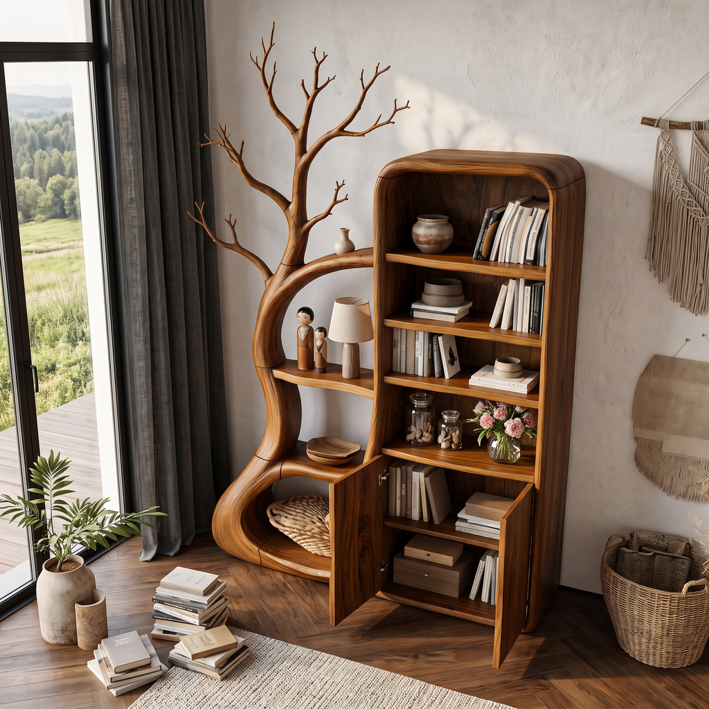 Rustic Tree Cabinet With Branch Inspired Shelving For Reading Room SINLHASD541